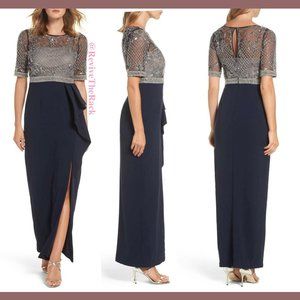 NEW Adrianna‎ Papell Beaded Cascading Ruffle Gown in Midnight Blue [ SZ 4 ]